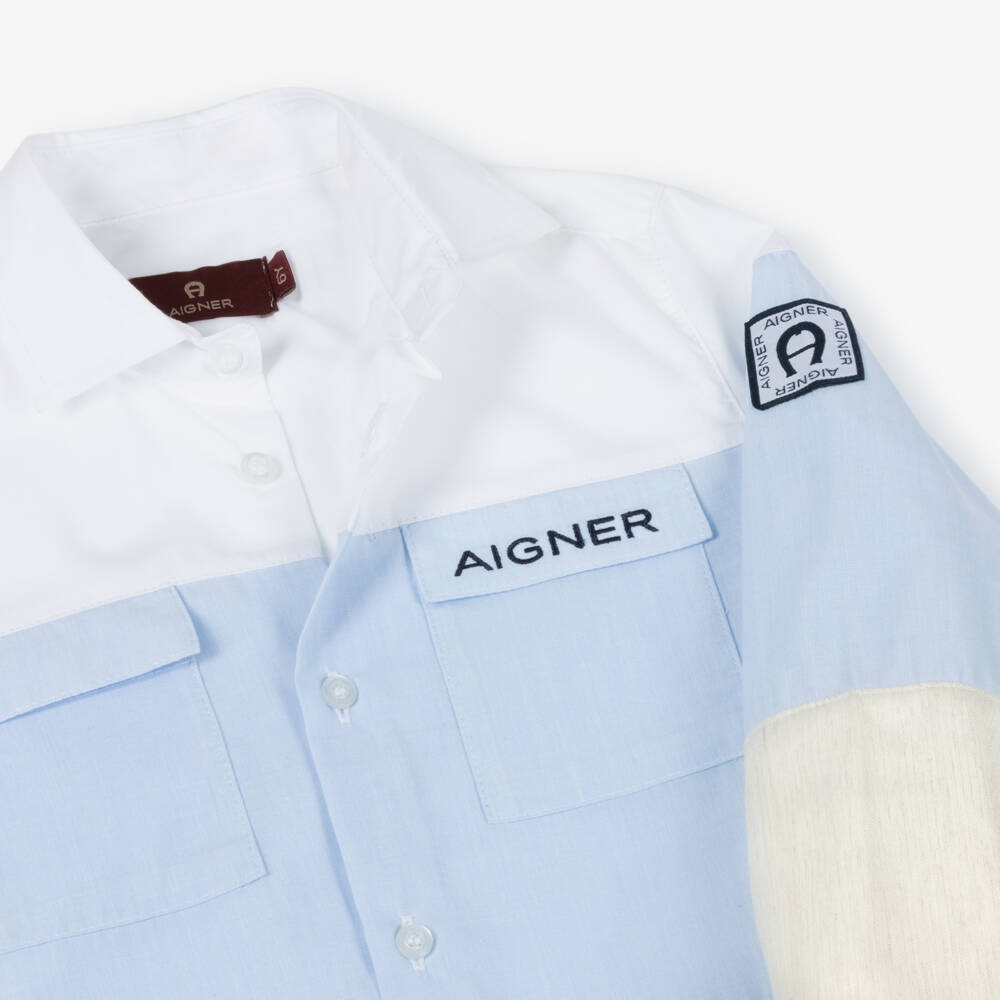 AIGNER-Рубашка голубая с цветоблоком из хлопка для мальчиков | Childrensalon