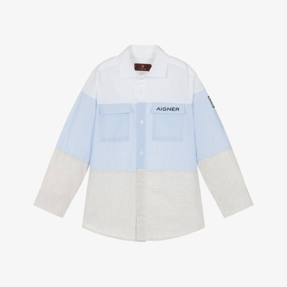 AIGNER-Boys Pale Blue Colourblock Cotton Shirt | Childrensalon