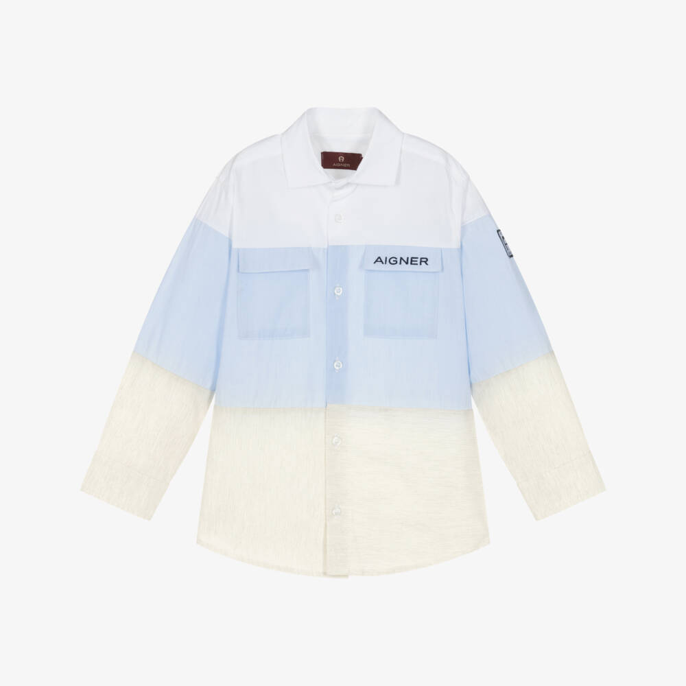 AIGNER-Boys Pale Blue Colourblock Cotton Shirt | Childrensalon
