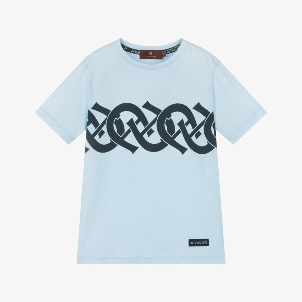 AIGNER-Boys Pale Blue Cotton Crew Neck T-Shirt  | Childrensalon