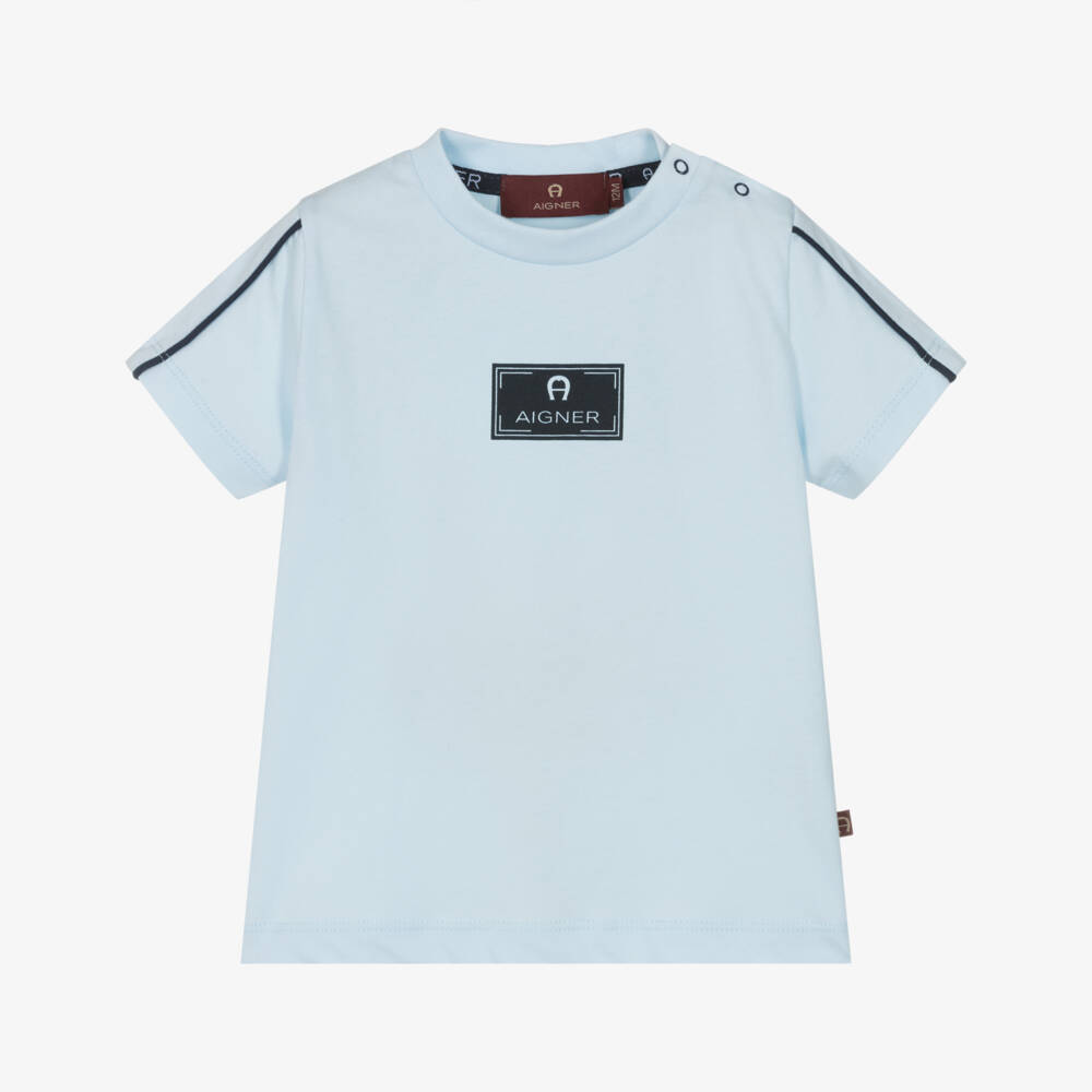 AIGNER-Boys Pale Blue Cotton T-Shirt with Navy Blue Logo Print | Childrensalon