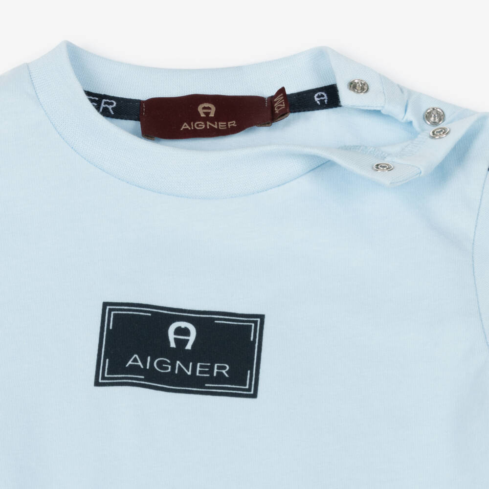AIGNER-Boys Pale Blue Cotton T-Shirt with Navy Blue Logo Print | Childrensalon