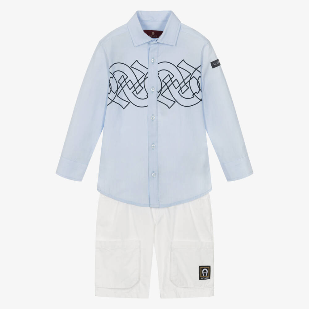 AIGNER-Boys Pale Blue & White Cotton Short Set | Childrensalon