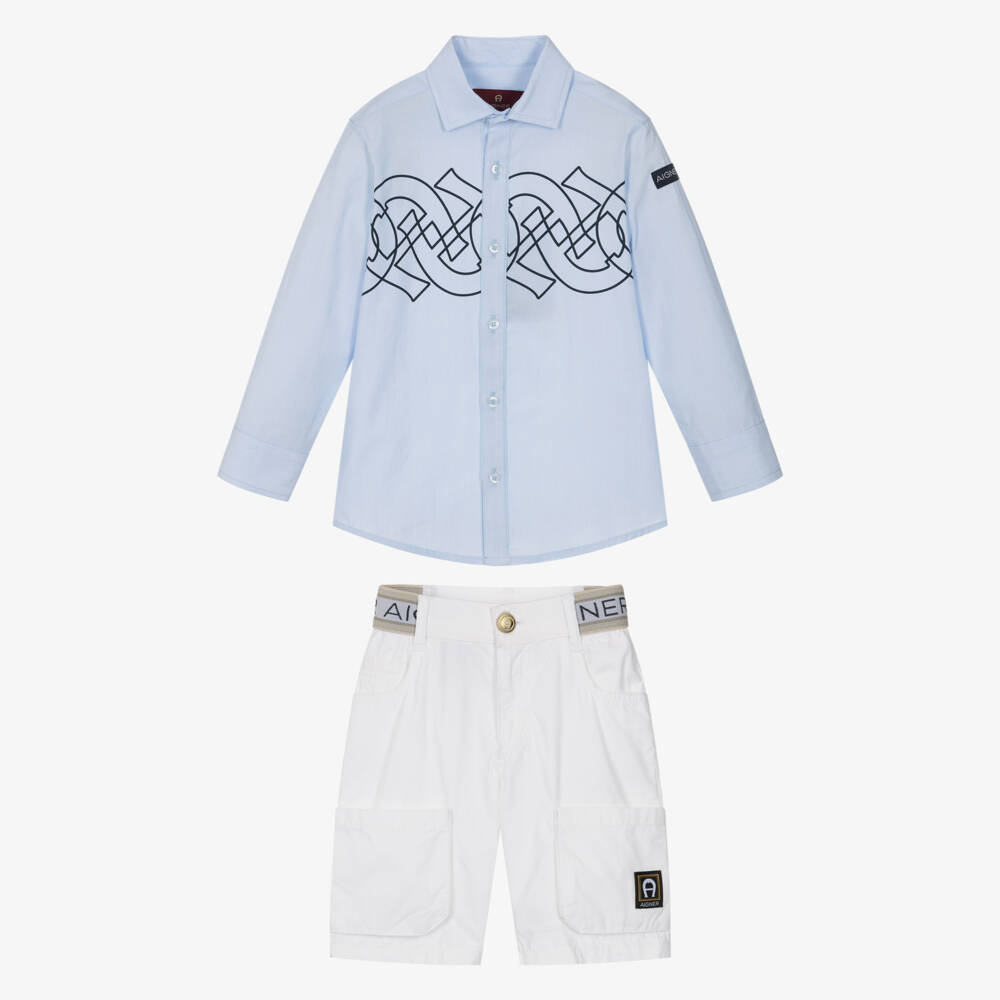 AIGNER-Boys Pale Blue & White Cotton Short Set | Childrensalon
