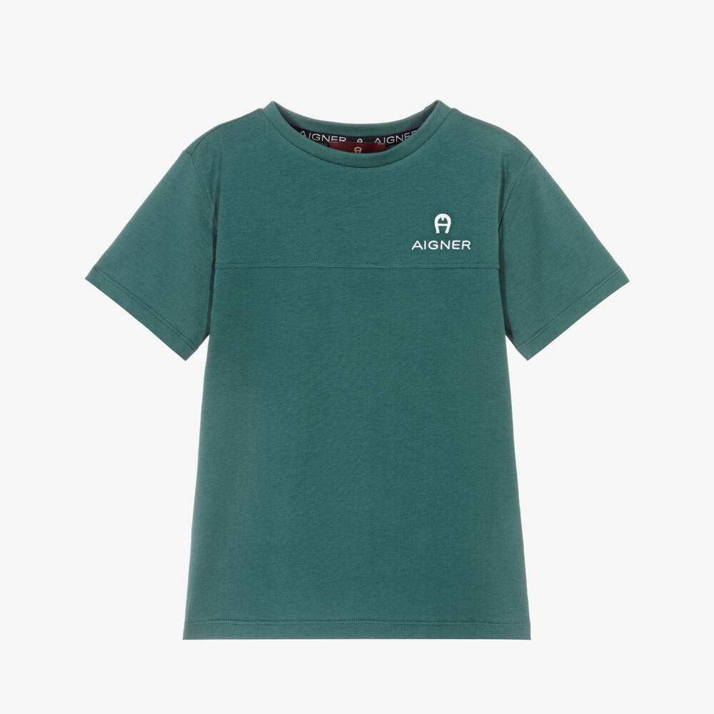AIGNER-Boys Teal Green Cotton Logo T-Shirt | Childrensalon