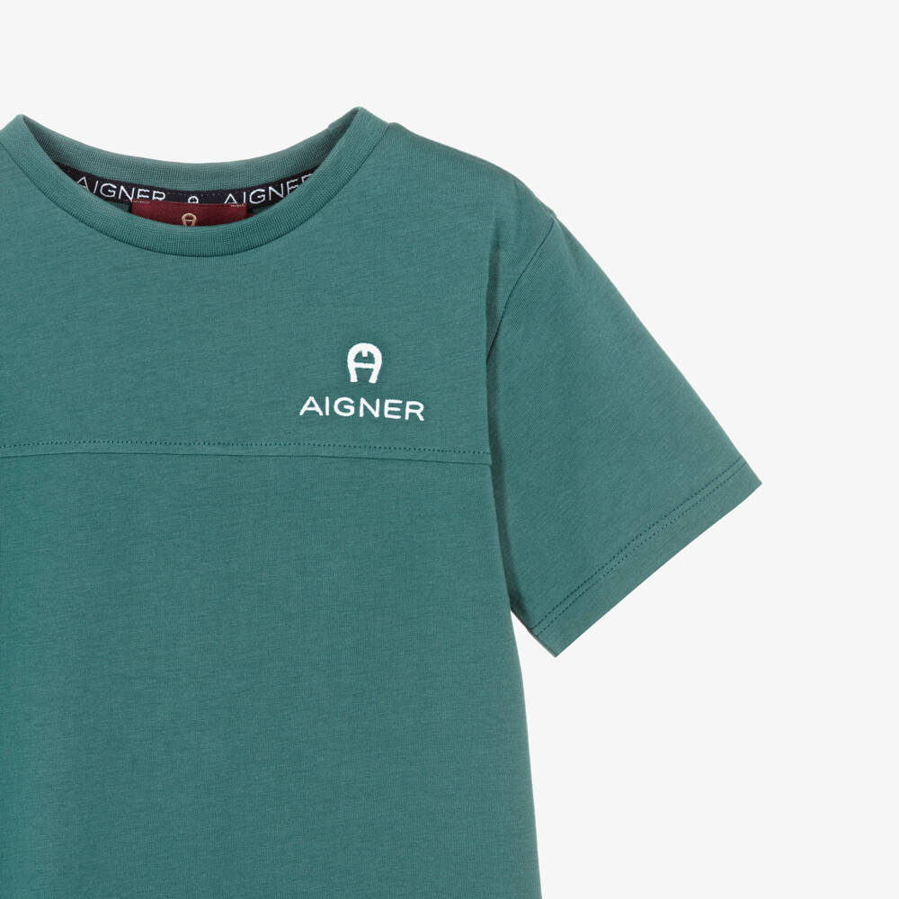 AIGNER-Boys Teal Green Cotton Logo T-Shirt | Childrensalon