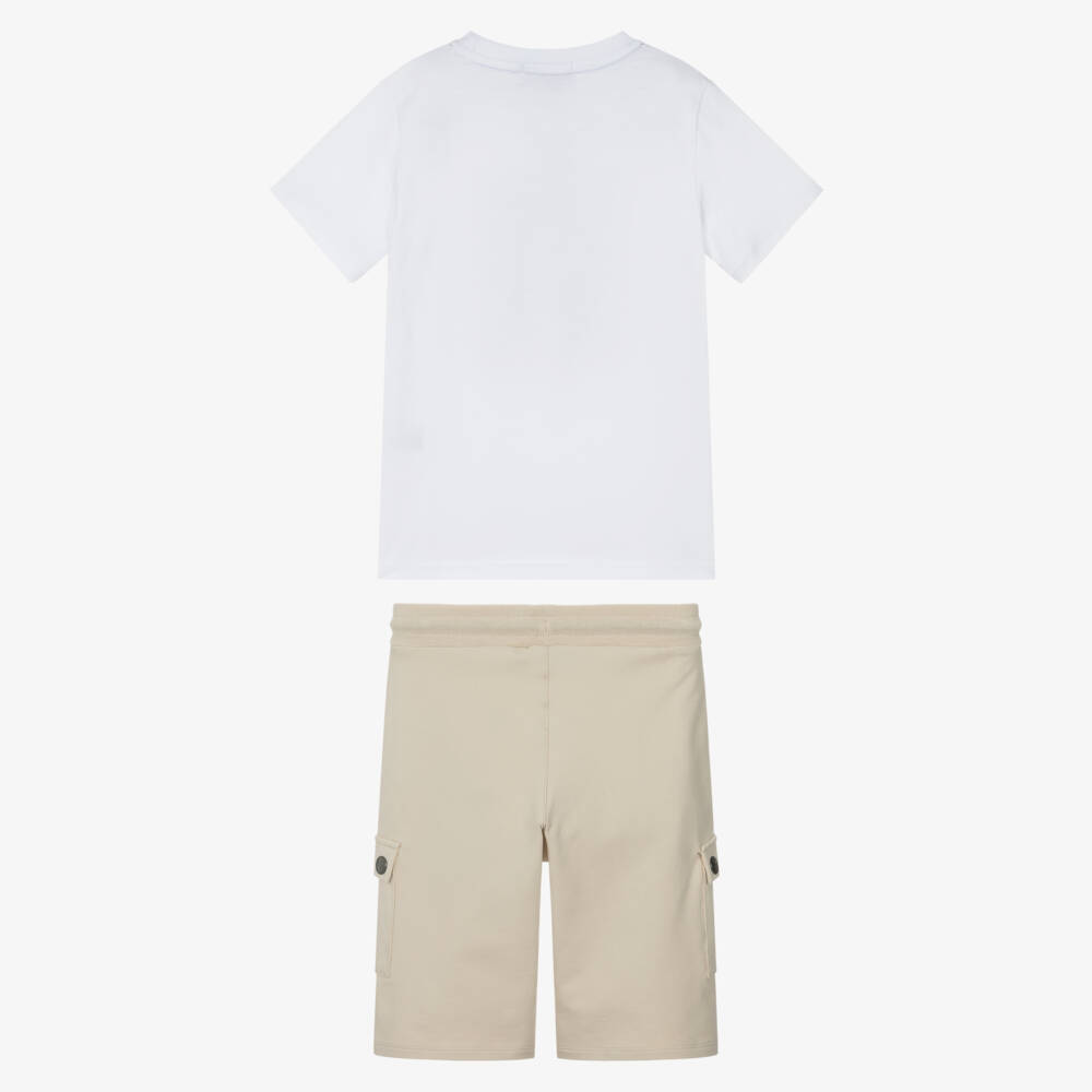 AIGNER-Boys White & Beige Cotton Cargo Shorts Set | Childrensalon