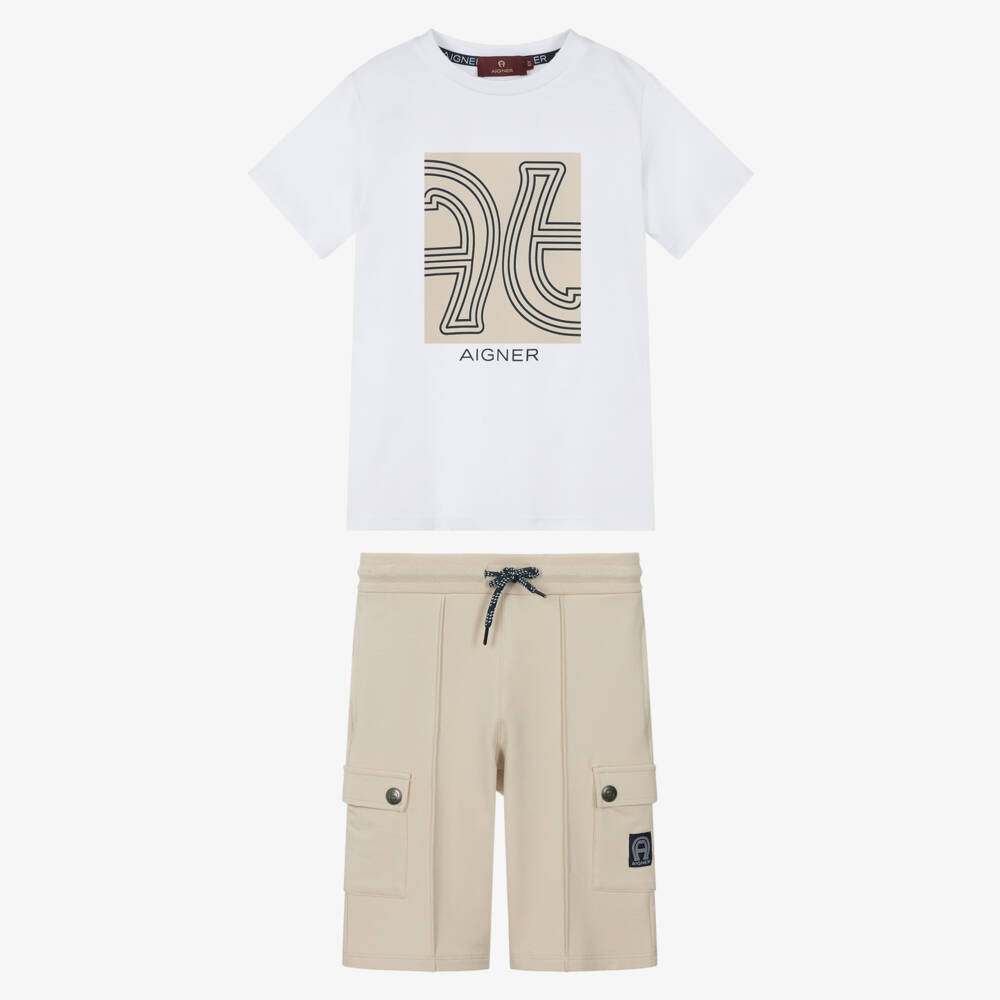 AIGNER-Boys White & Beige Cotton Cargo Shorts Set | Childrensalon