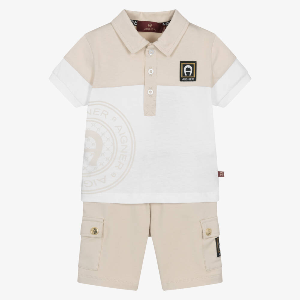 AIGNER-Boys White & Beige Cotton Jersey Shorts Set | Childrensalon