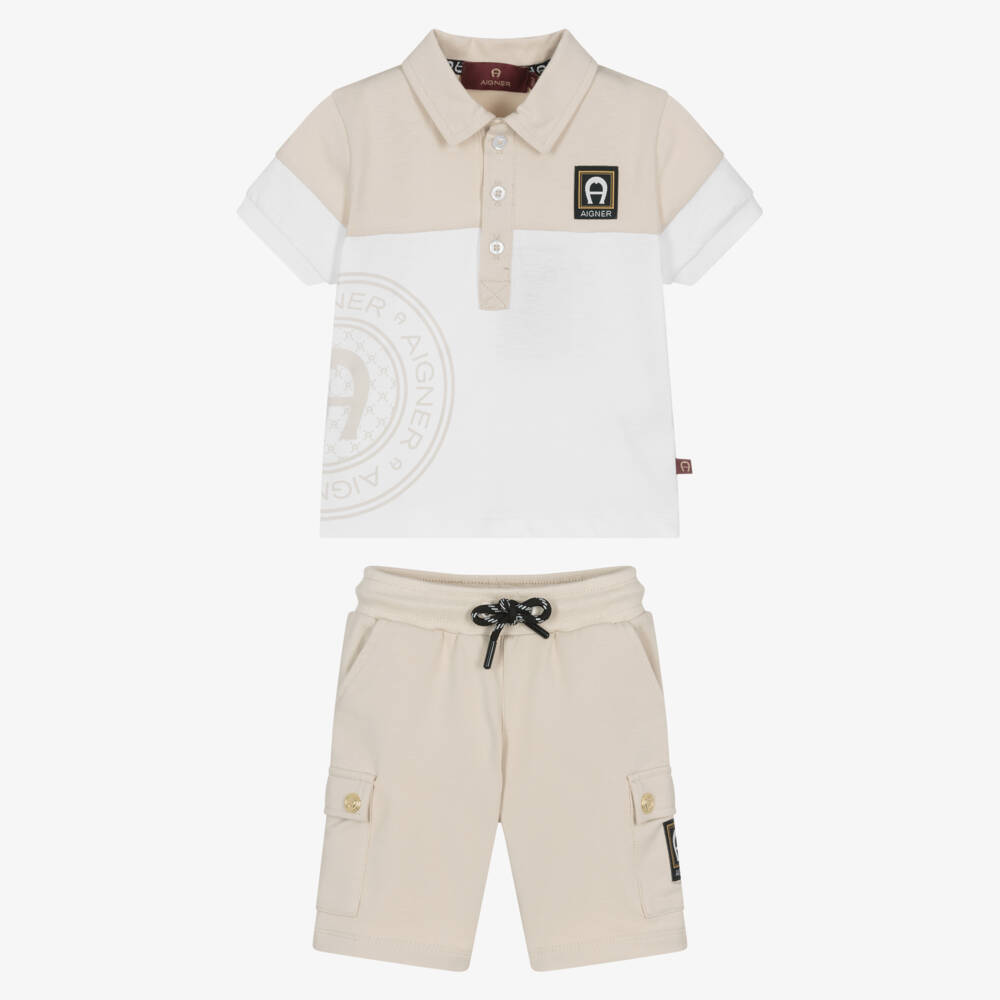 AIGNER-Boys White & Beige Cotton Jersey Shorts Set | Childrensalon