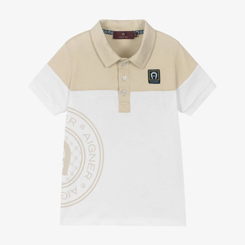 AIGNER-Boys White & Beige Cotton Polo Shirt with Logo Detail | Childrensalon
