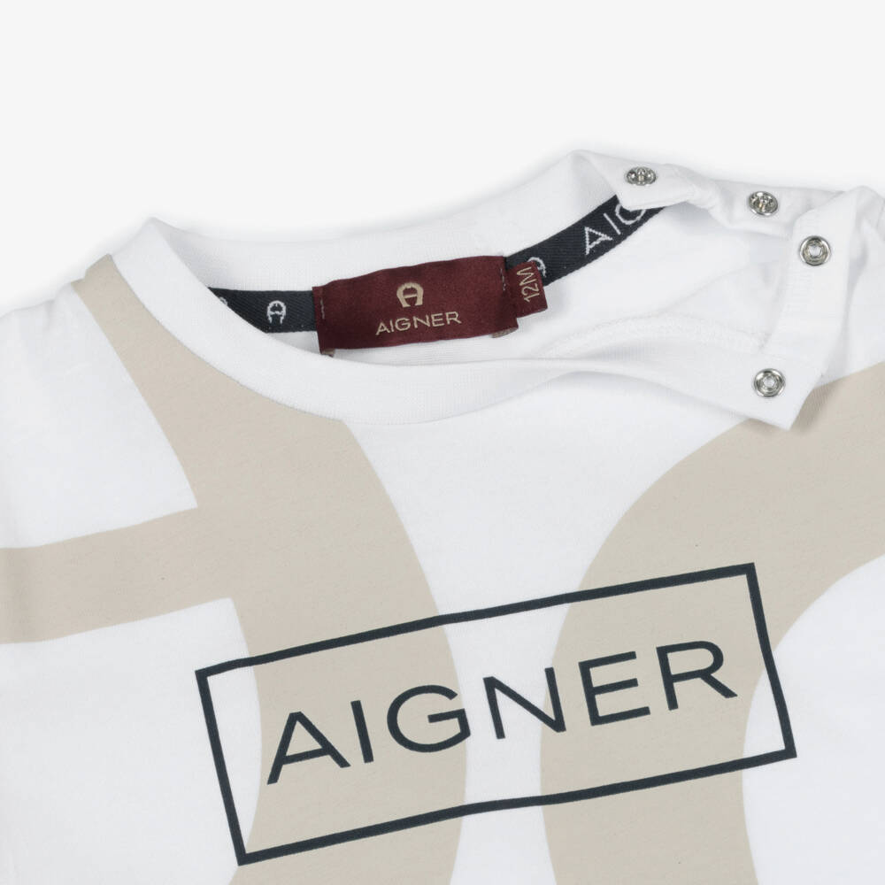AIGNER-Boys White & Beige Logo Cotton Jersey T-Shirt | Childrensalon