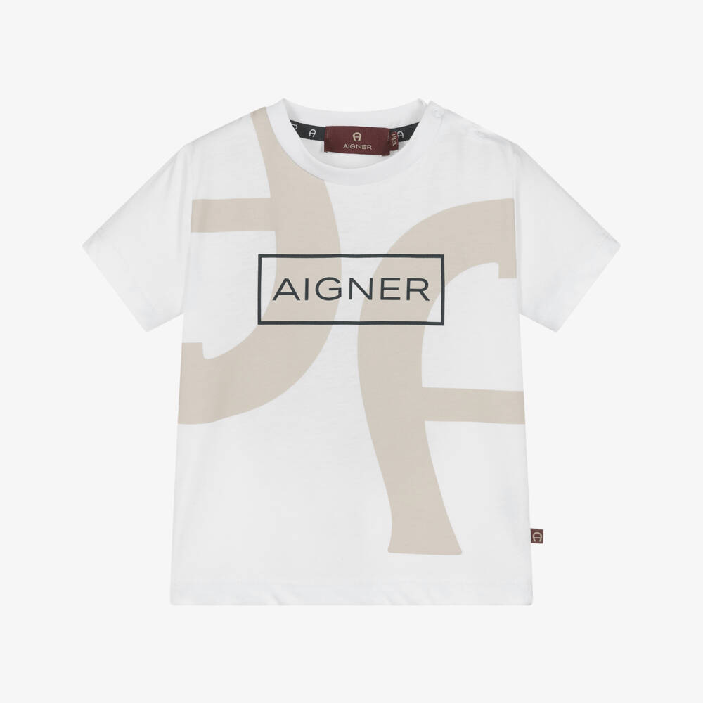 AIGNER-Boys White & Beige Logo Cotton Jersey T-Shirt | Childrensalon