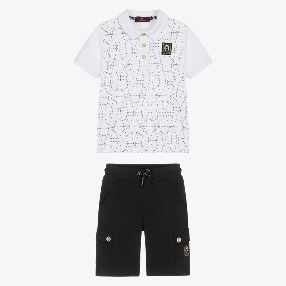 AIGNER-Boys White & Black Cotton Jersey Shorts Set | Childrensalon