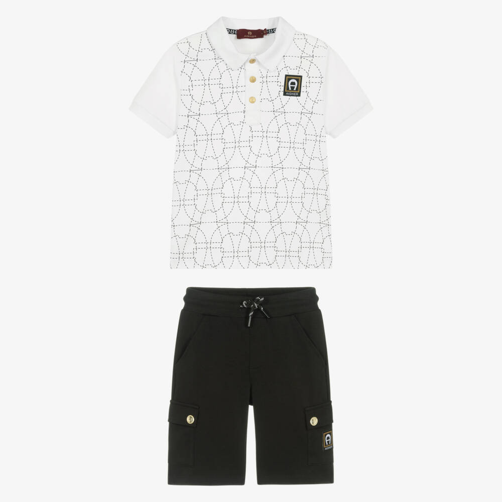AIGNER-Boys White & Black Cotton Jersey Shorts Set | Childrensalon