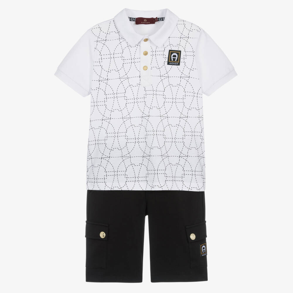 AIGNER-Boys White & Black Cotton Jersey Shorts Set | Childrensalon