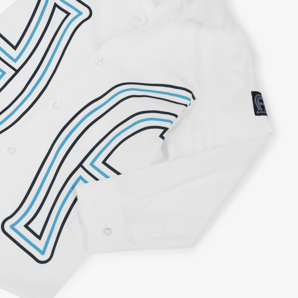 AIGNER-Boys White & Blue Horseshoe Logo Cotton Shirt | Childrensalon