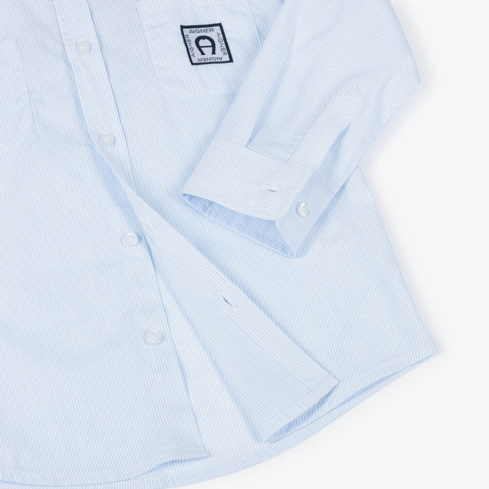 AIGNER-Boys White & Blue Striped Cotton Poplin Shirt | Childrensalon