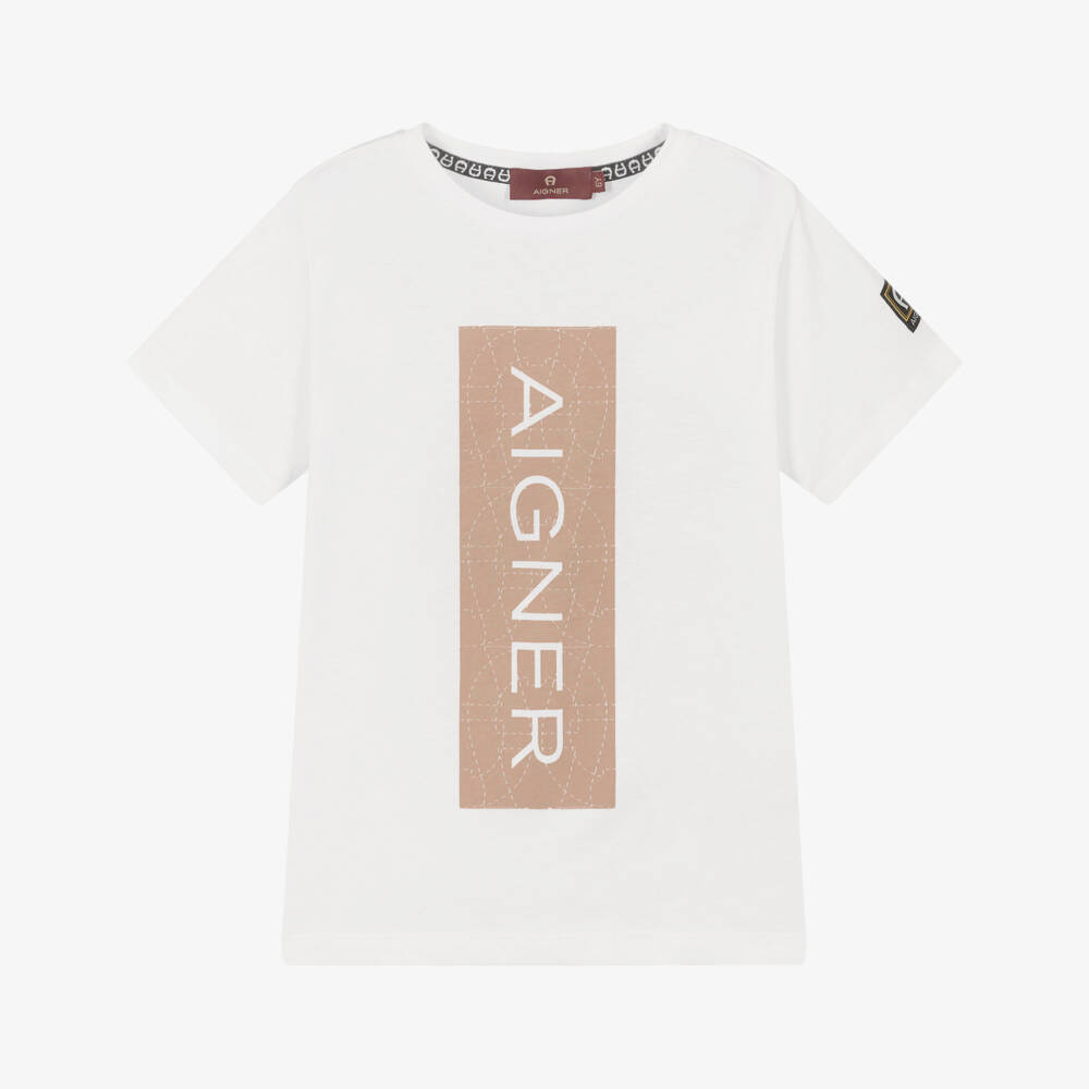AIGNER-Boys White & Brown Logo Cotton Jersey T-Shirt | Childrensalon