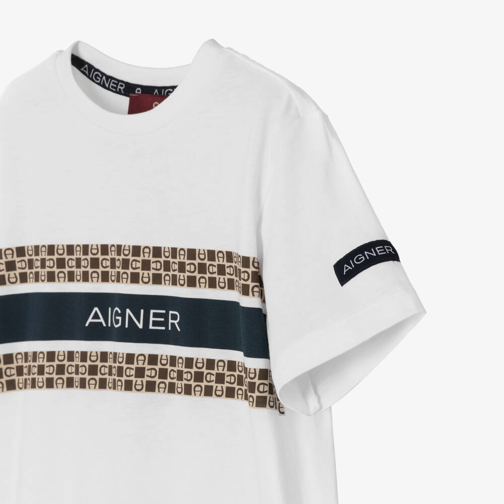 AIGNER-Boys White Cotton Crewneck T-Shirt | Childrensalon