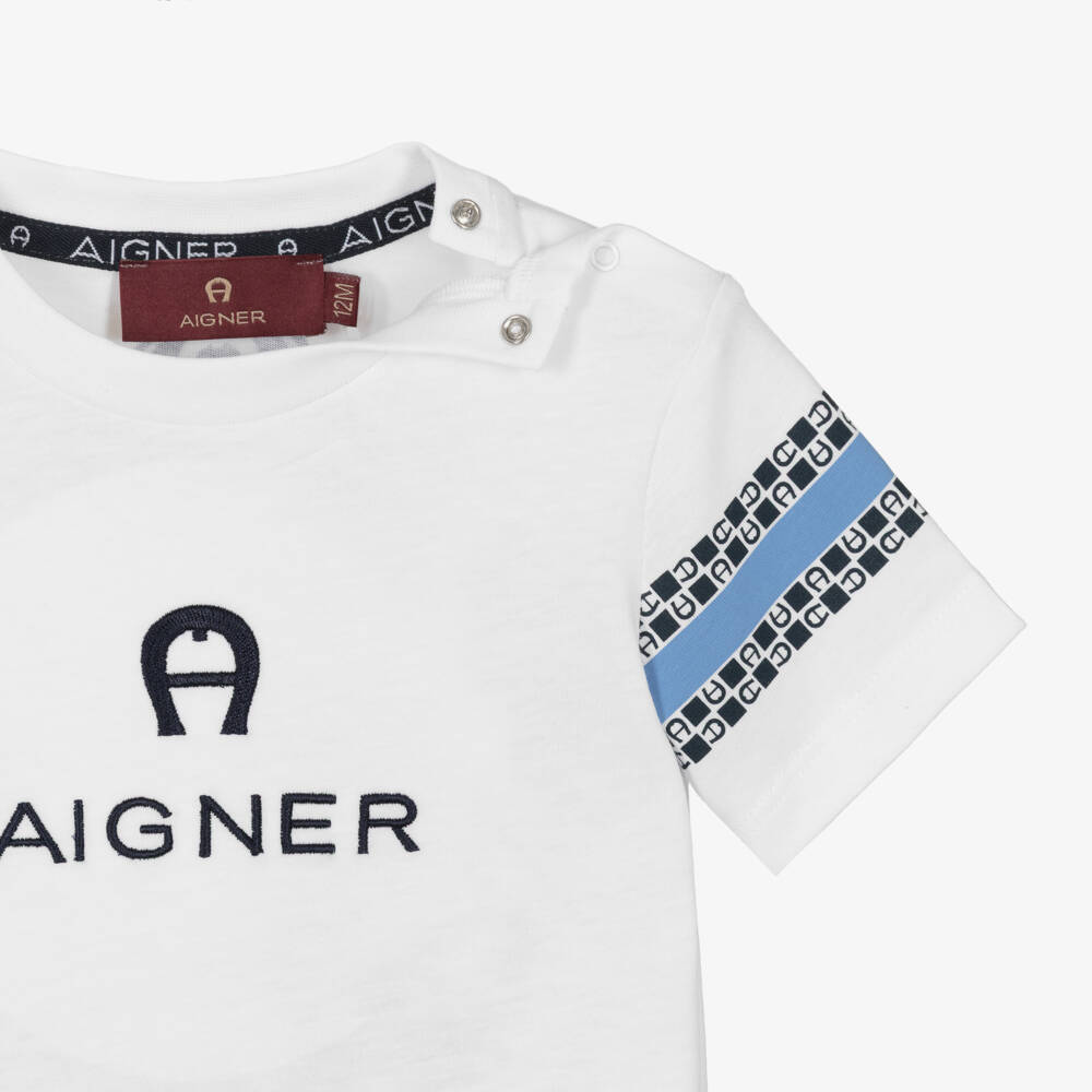 AIGNER-Boys White Cotton Embroidered Logo T-Shirt | Childrensalon