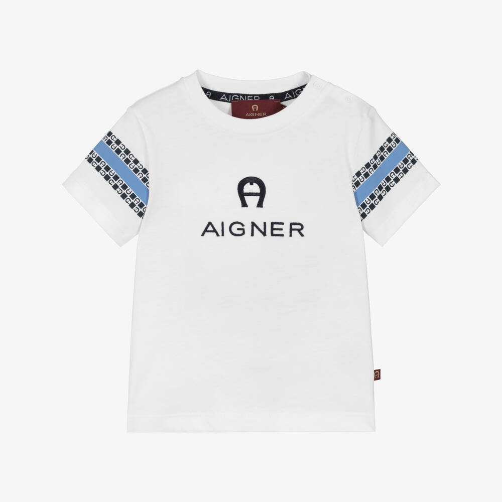 AIGNER-Boys White Cotton Embroidered Logo T-Shirt | Childrensalon