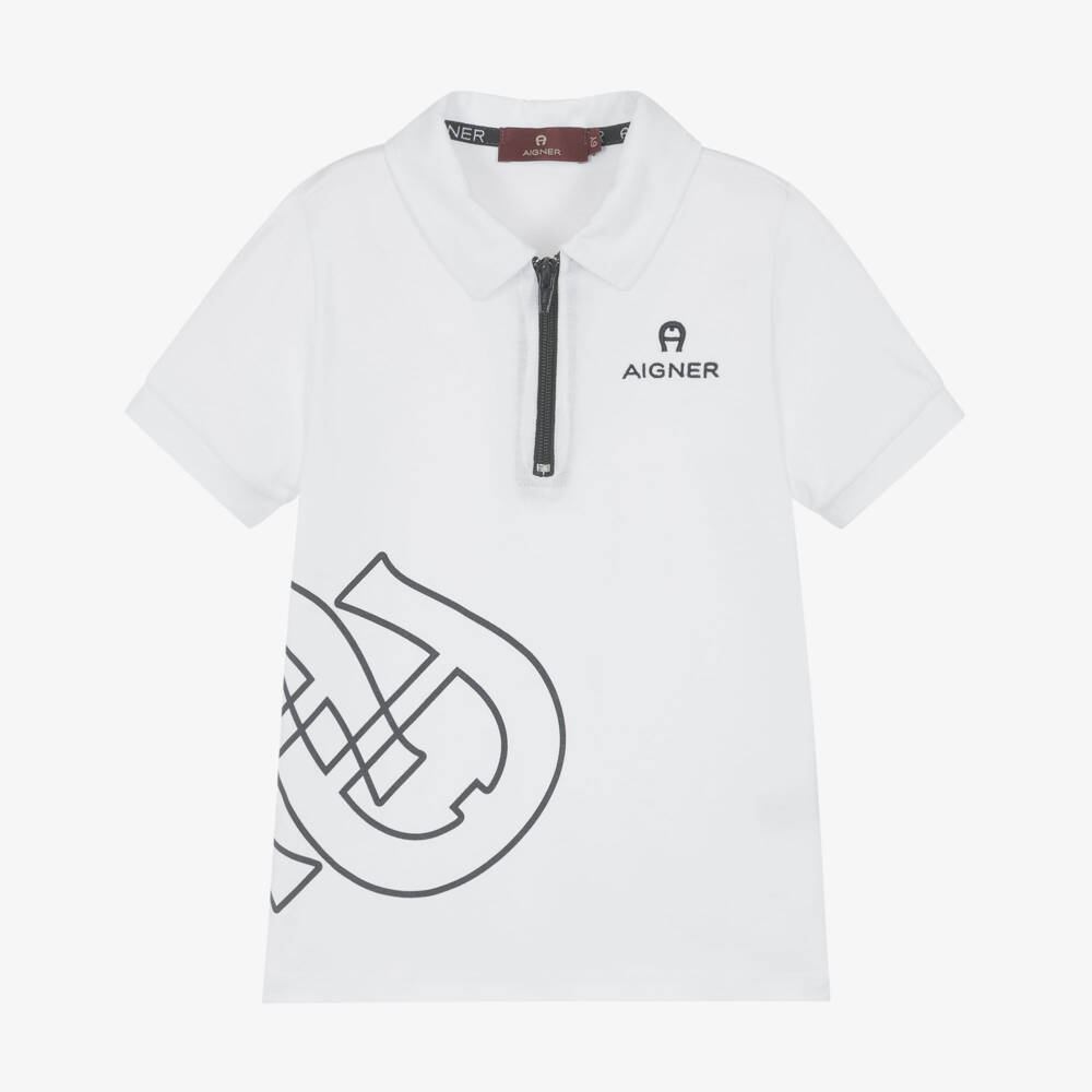 AIGNER-Boys White Cotton Jersey Polo Shirt with Zip Fastening | Childrensalon