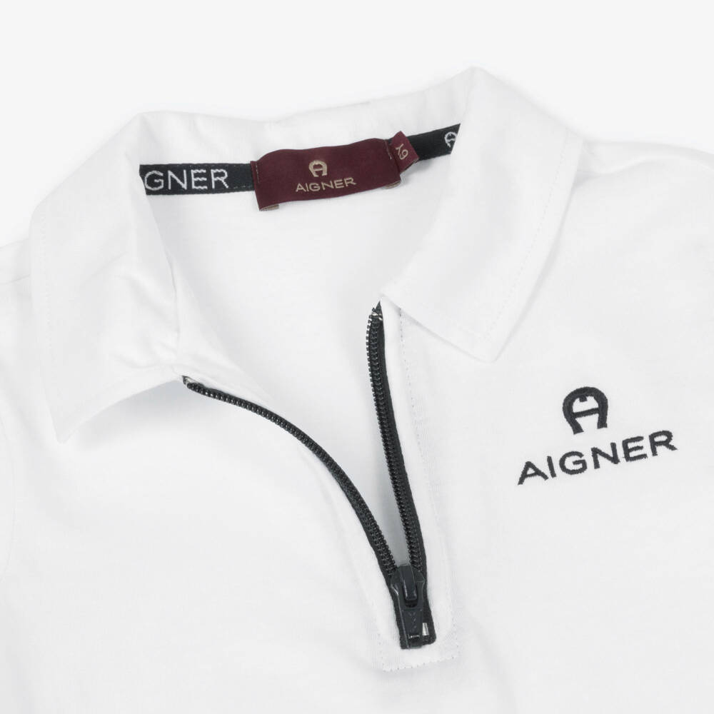 AIGNER-Boys White Cotton Jersey Polo Shirt with Zip Fastening | Childrensalon
