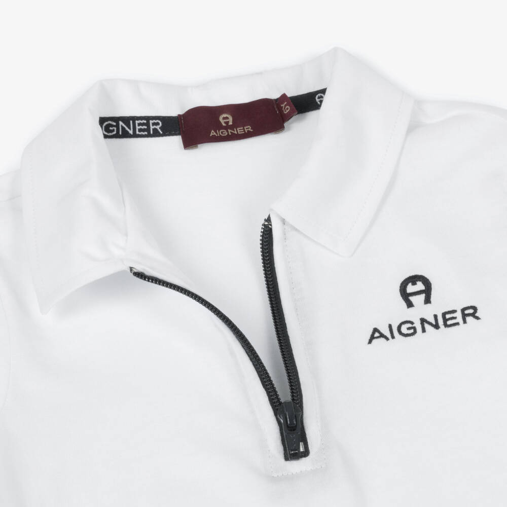 AIGNER-Boys White Cotton Jersey Polo Shirt with Zip Fastening | Childrensalon