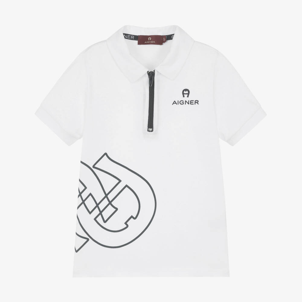 AIGNER-Boys White Cotton Jersey Polo Shirt with Zip Fastening | Childrensalon