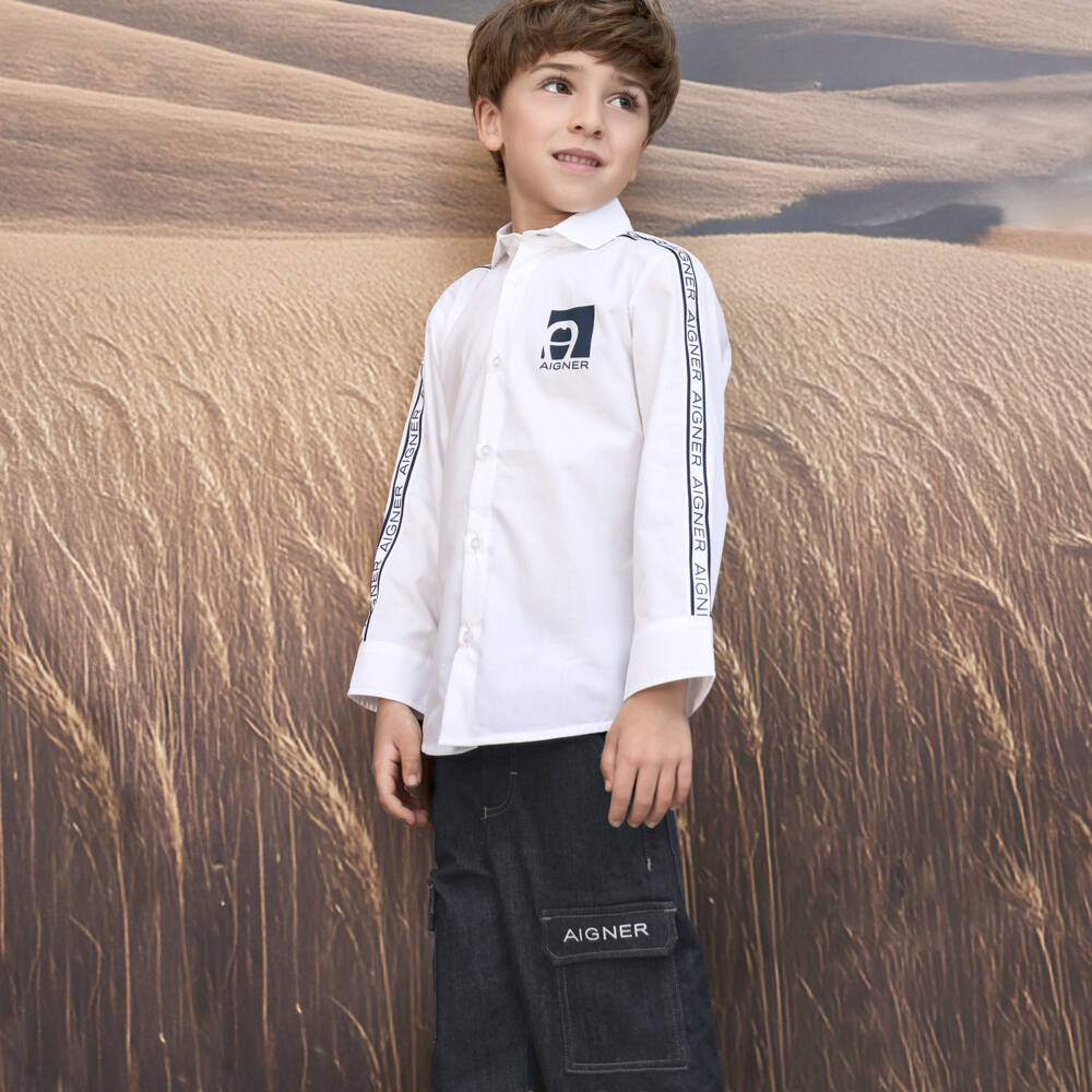 AIGNER-Boys White Cotton Logo Tape Shirt | Childrensalon