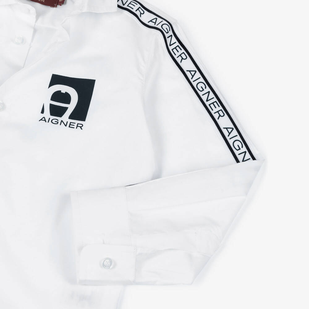 AIGNER-Boys White Cotton Logo Tape Shirt | Childrensalon