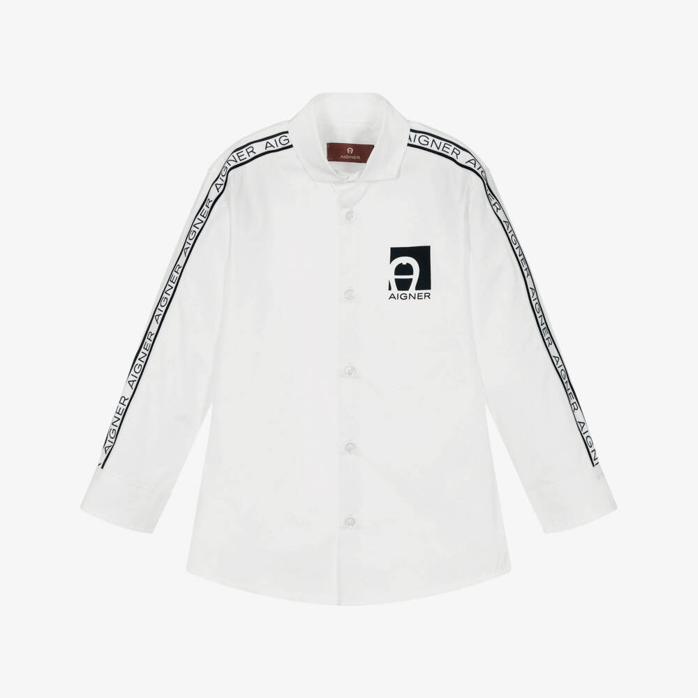 AIGNER-Boys White Cotton Logo Tape Shirt | Childrensalon