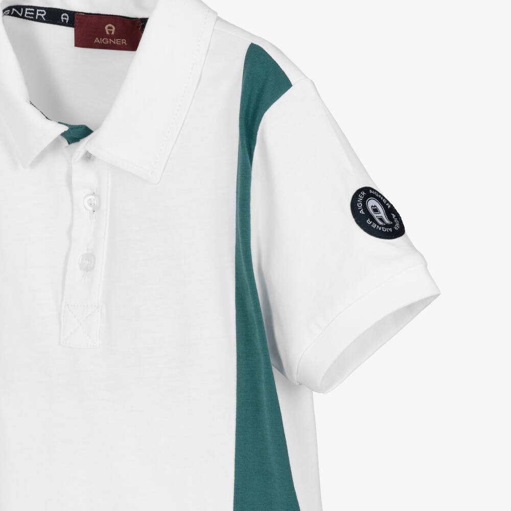 AIGNER-Boys White Cotton Polo Shirt with Logo & Stripe | Childrensalon