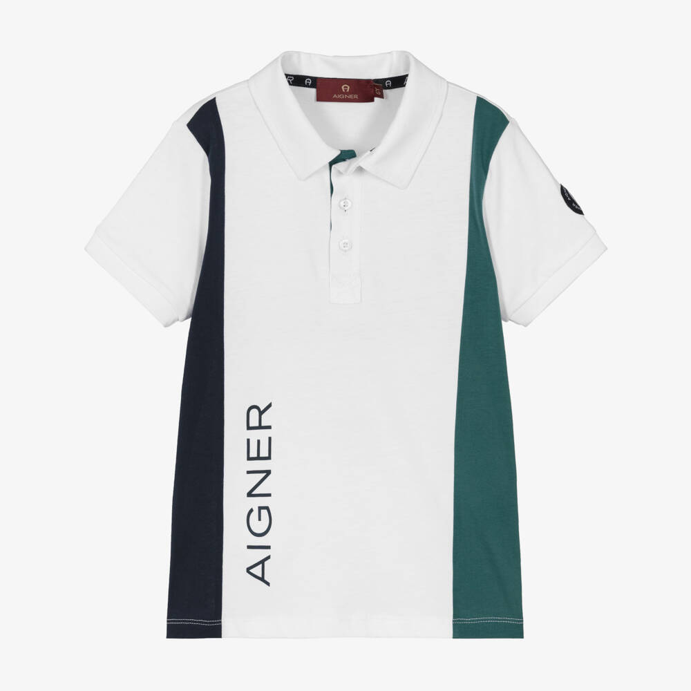 AIGNER-Boys White Cotton Polo Shirt with Logo & Stripe | Childrensalon