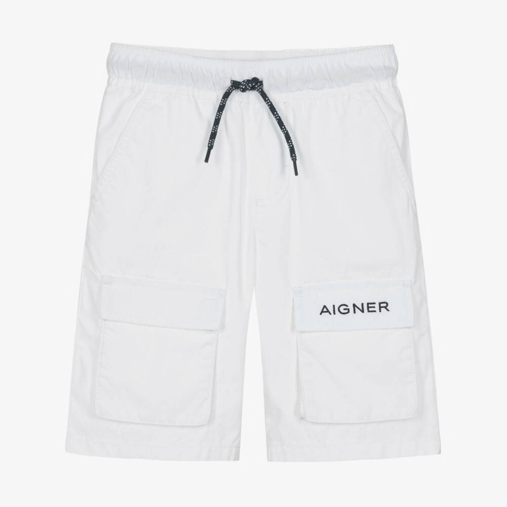 AIGNER-Boys White Cotton Poplin Drawstring Shorts | Childrensalon