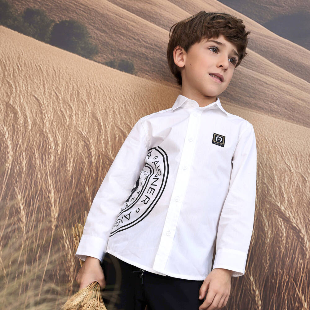 AIGNER-Boys White Cotton Shirt with Black Logo Print | Childrensalon