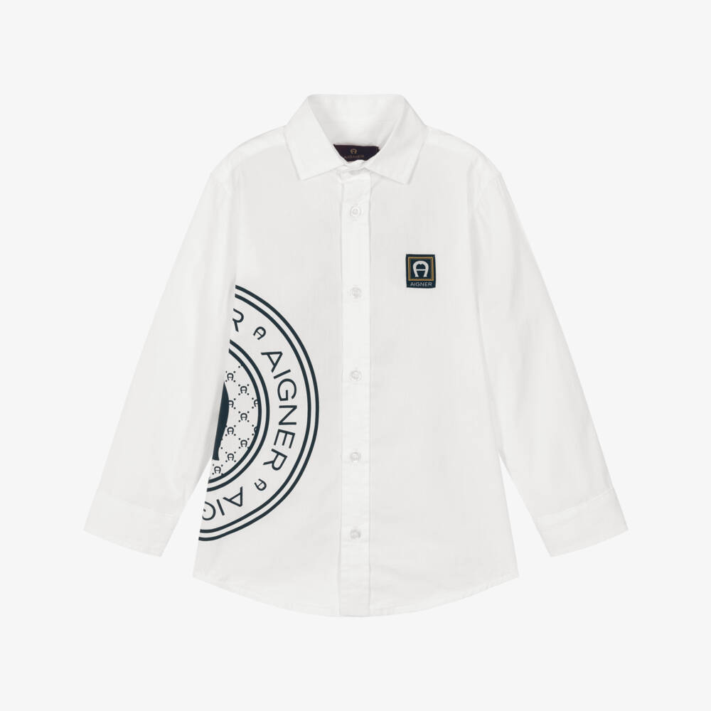 AIGNER-Boys White Cotton Shirt with Black Logo Print | Childrensalon
