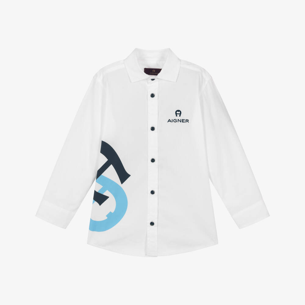 AIGNER-Boys White Cotton Shirt with Blue Logo Graphic | Childrensalon
