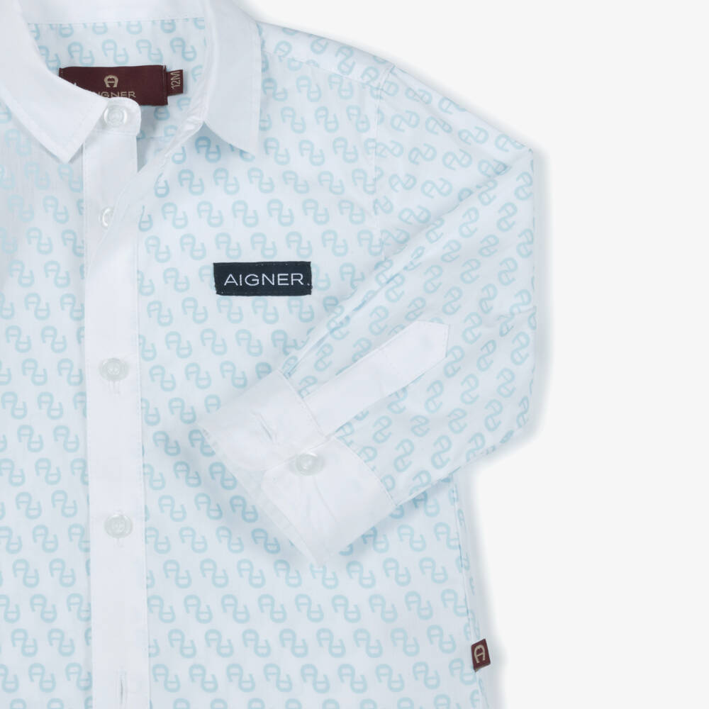 AIGNER-Boys White Cotton Shirt with Blue Logo Pattern | Childrensalon