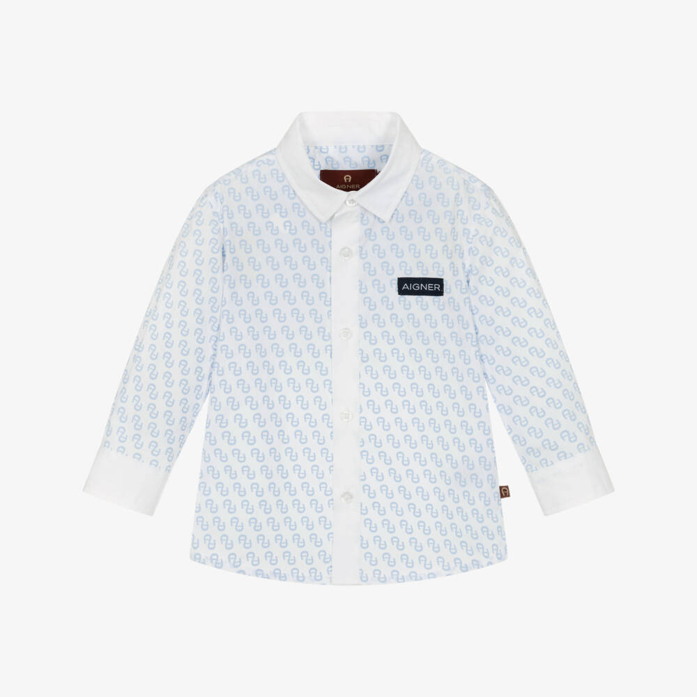 AIGNER-Boys White Cotton Shirt with Blue Logo Pattern | Childrensalon