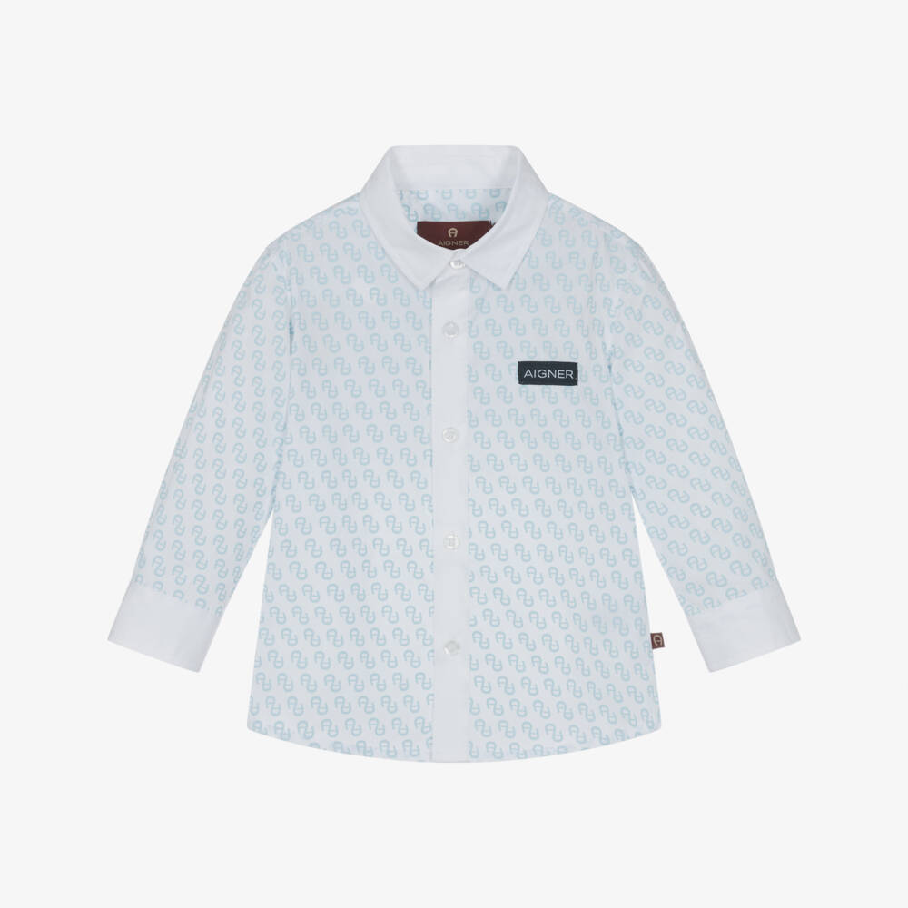 AIGNER-Boys White Cotton Shirt with Blue Logo Pattern | Childrensalon
