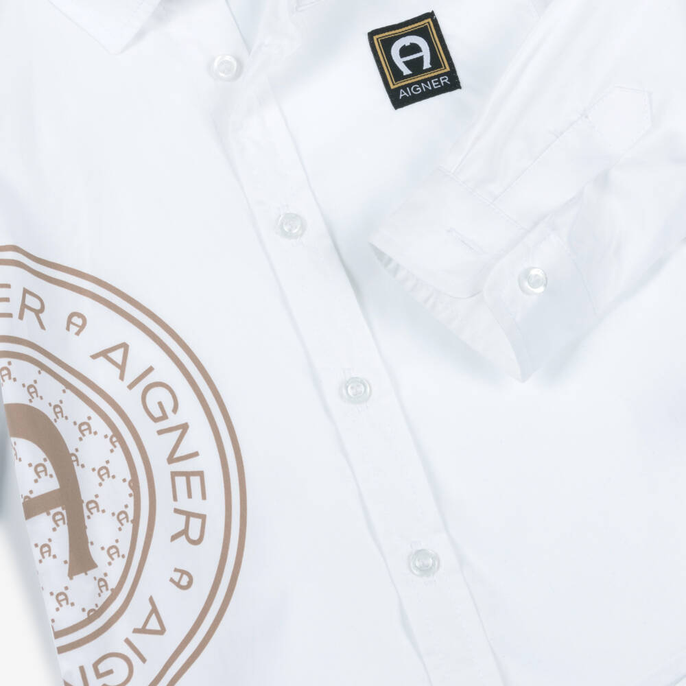 AIGNER-Boys White Cotton Shirt with Brown Logo Print | Childrensalon
