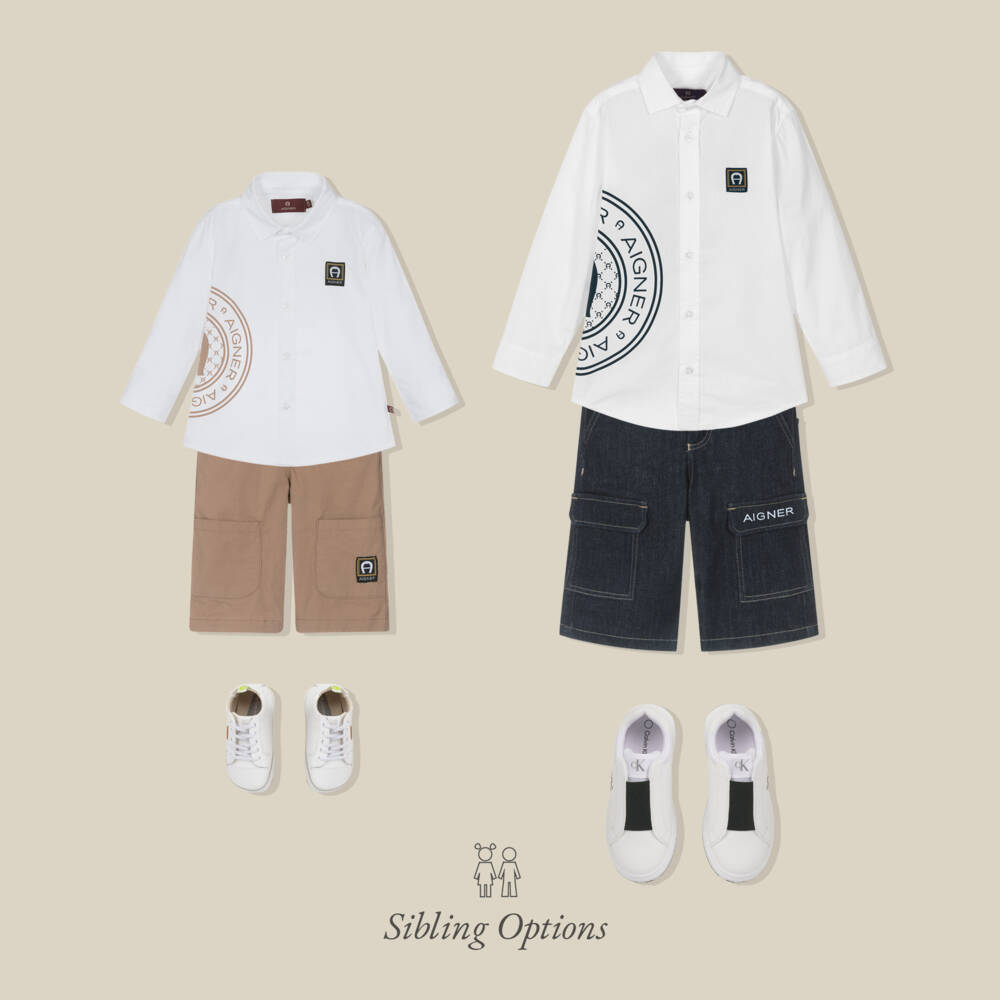 AIGNER-Boys White Cotton Shirt with Brown Logo Print | Childrensalon