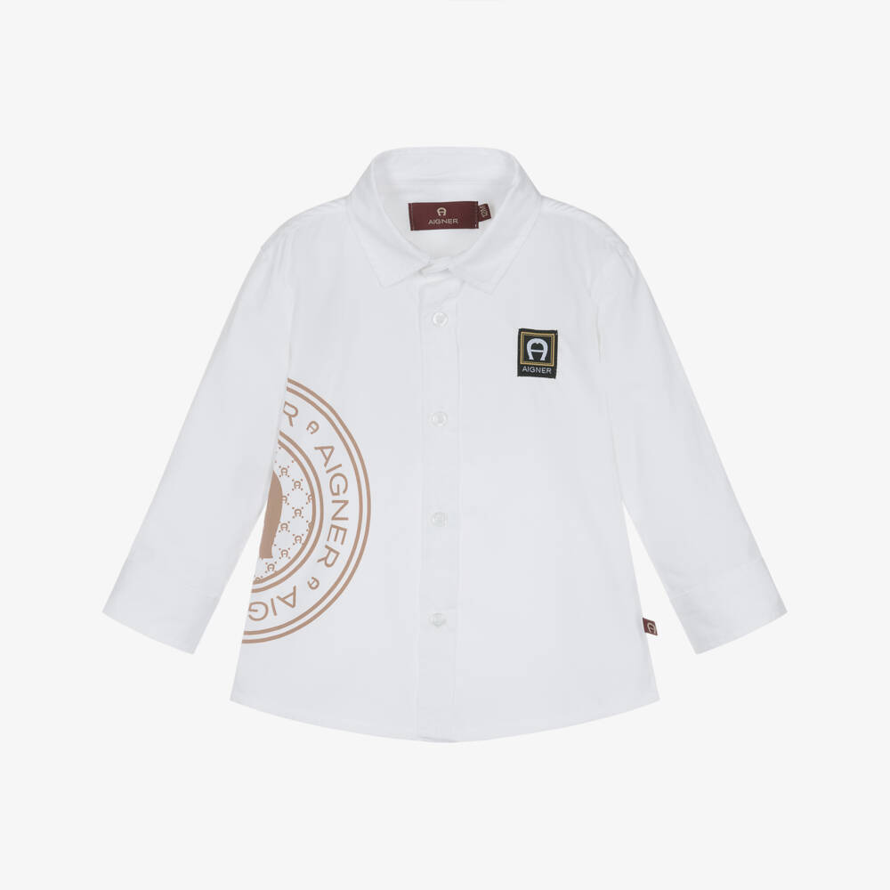 AIGNER-Boys White Cotton Shirt with Brown Logo Print | Childrensalon