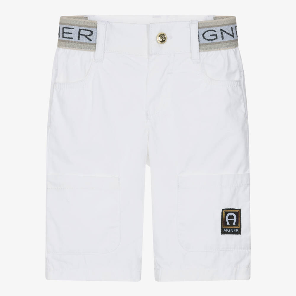 AIGNER-Шорты белые хлопковые с логотипом на поясе для мальчиков | Childrensalon
