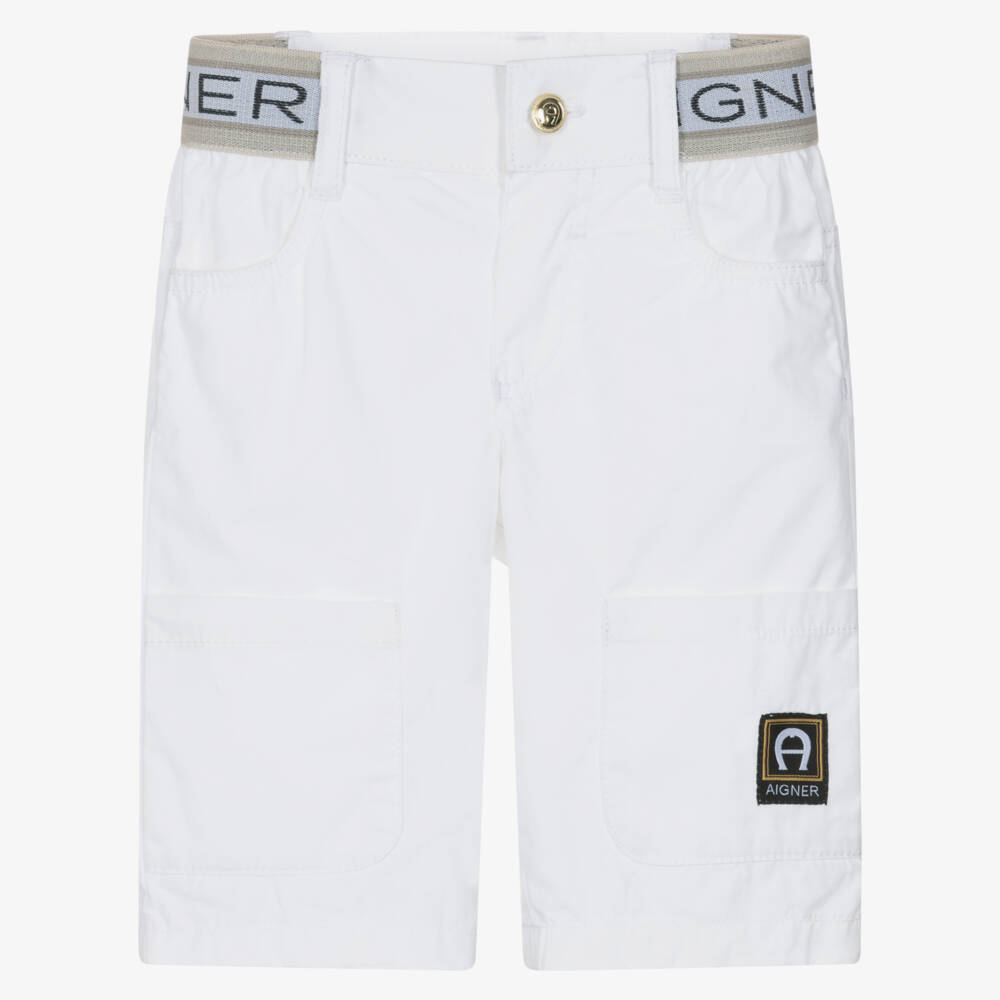 AIGNER-Boys White Cotton Shorts with Logo Waistband | Childrensalon