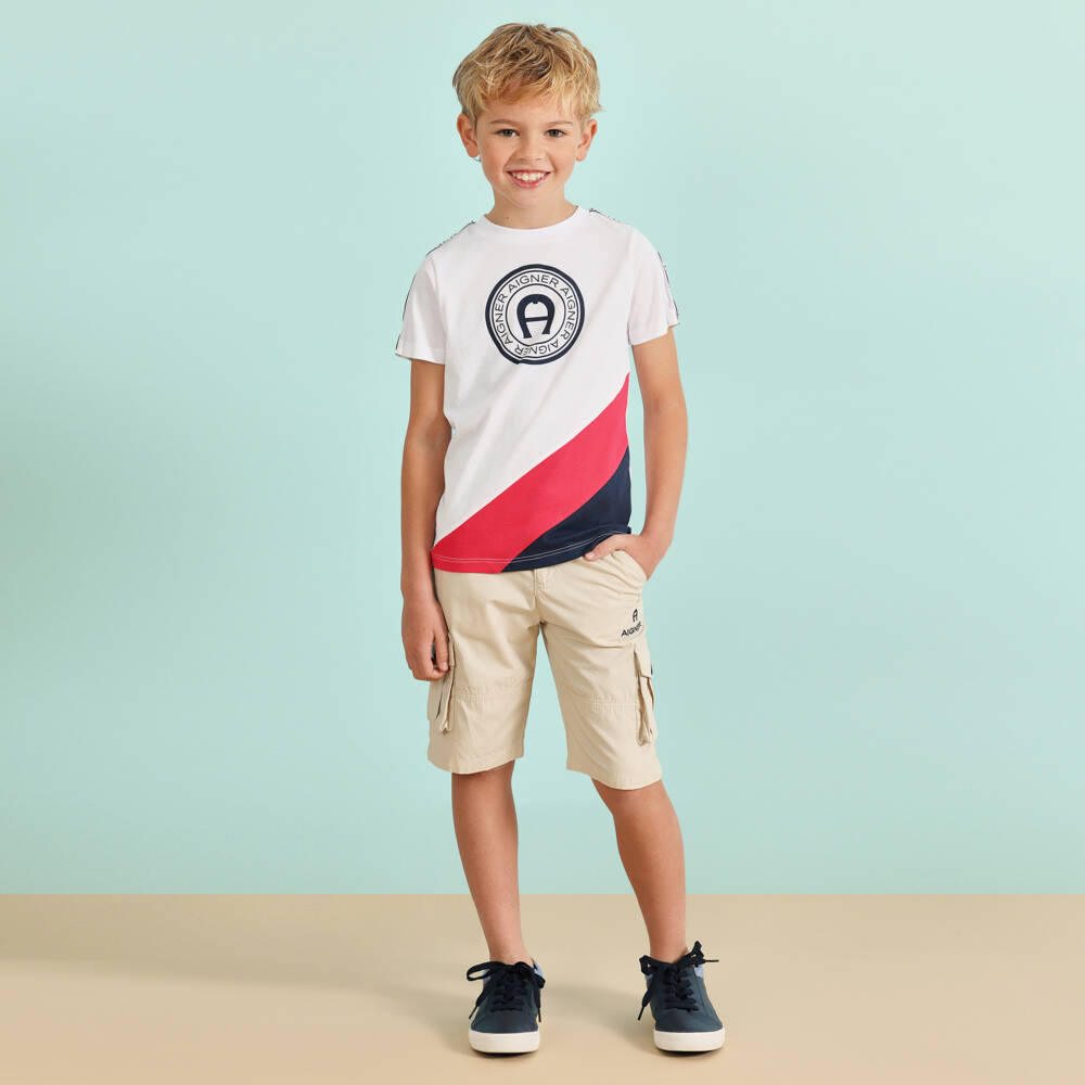 AIGNER-Boys White Cotton T-Shirt | Childrensalon