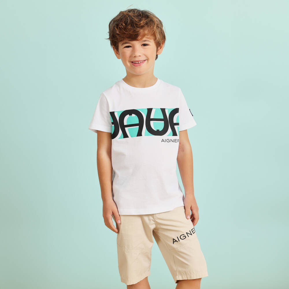 AIGNER-Boys White Cotton T-Shirt | Childrensalon