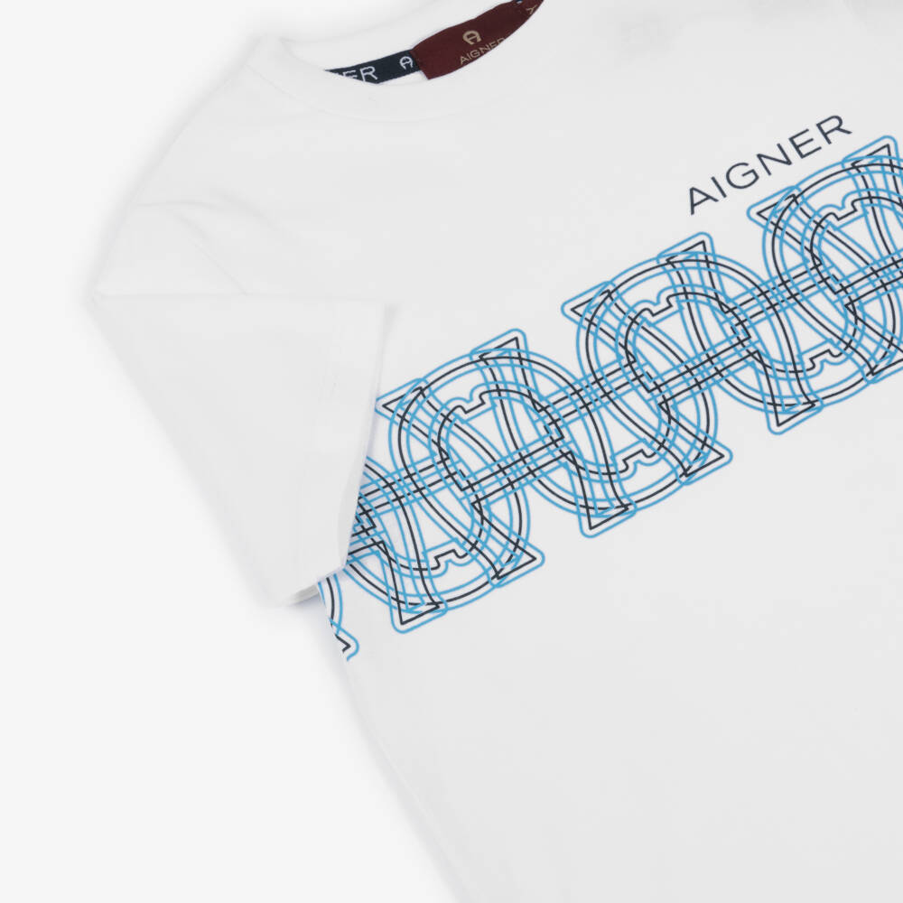 AIGNER-Boys White Cotton T-Shirt with a Blue Logo Pattern | Childrensalon